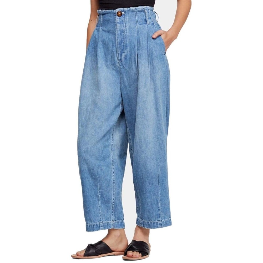 Free People‎ Caspian Sea Jean 2 Linen Pleated Wide Leg Barrel Balloon Crop Boho